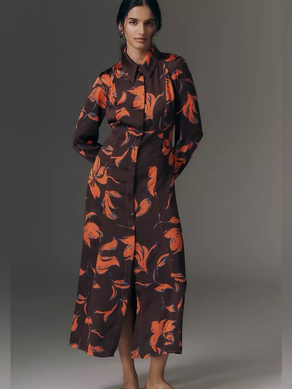 Anthropologie Exquise Long-Sleeve Satin Shirt Dress Floral Size XS